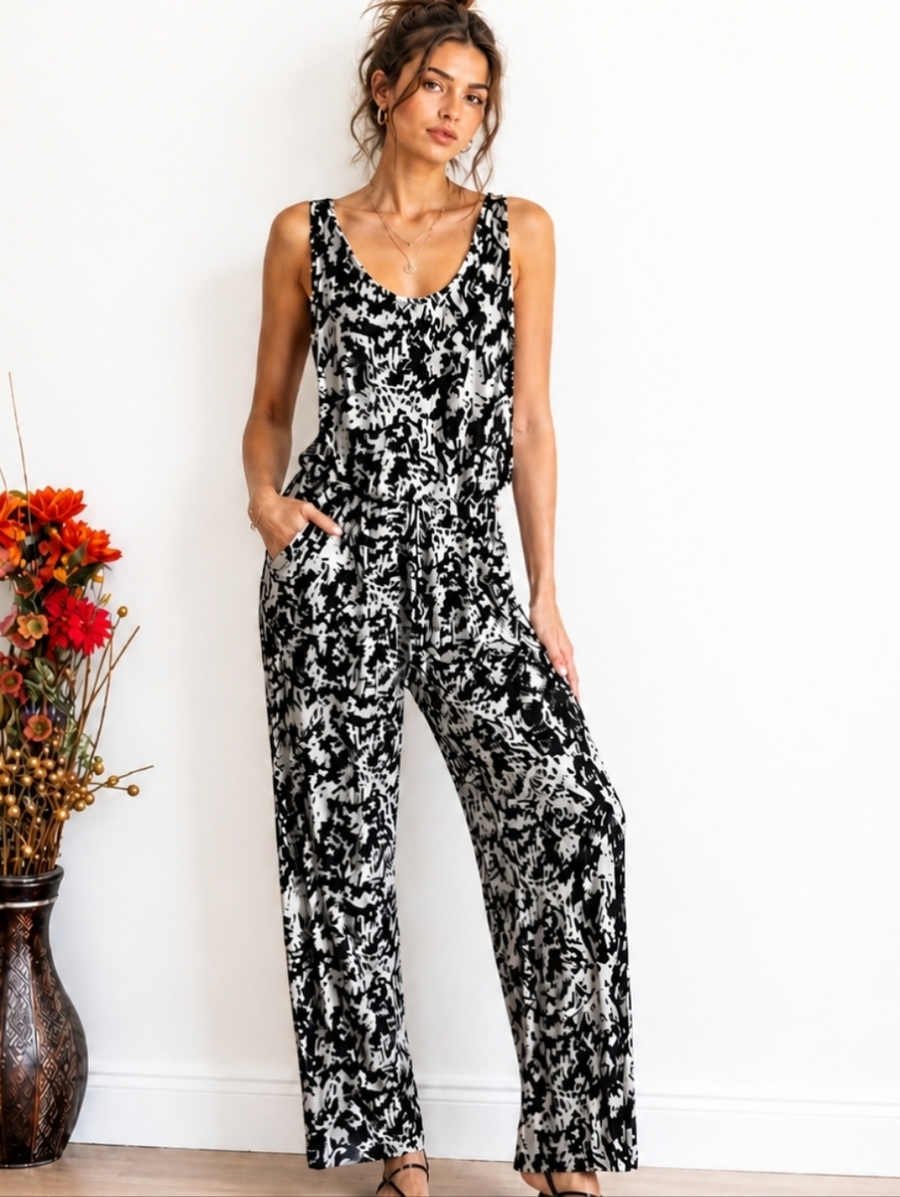 Nicole Miller| Black & White Abstract Print Sleeveless Jumpsuit | Elastic Waist